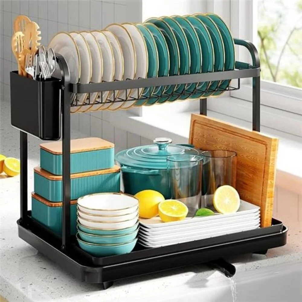 2-Tier Dish Drying Rack Stainless Steel Kitchen Organizer with Drainboard and Ho